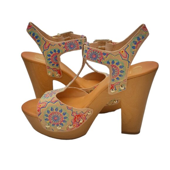 Gianni Bini Embroidered Mandala Faux Wood Clog Platform Sandals SZ 8.5 - Picture 9 of 16